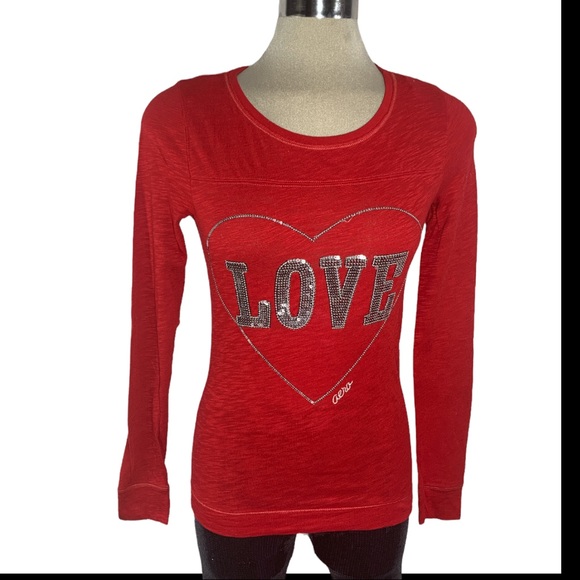 Aeropostale Red Long Sleeves Hart Print Top Siz XS - Picture 4 of 10